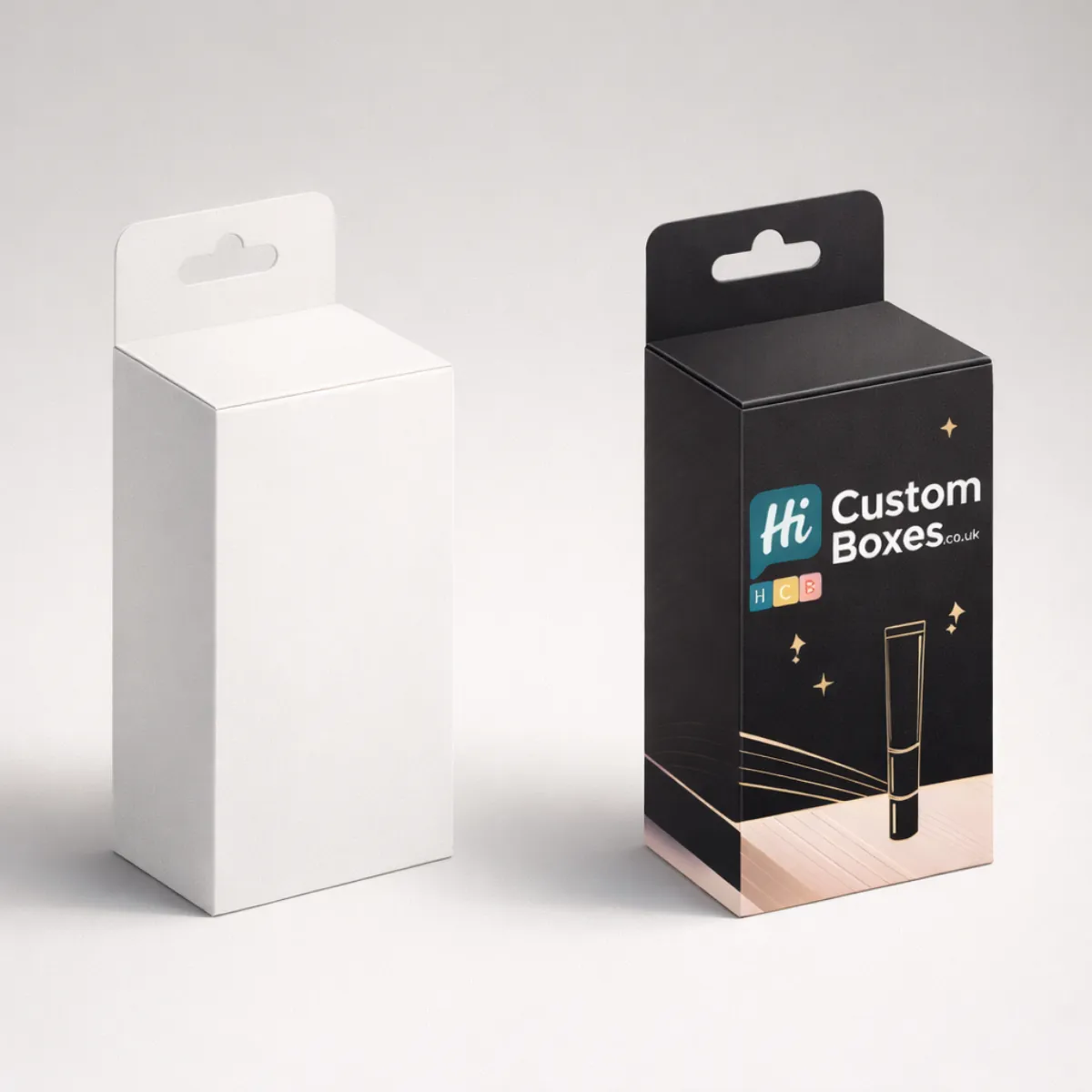 Two vertical rectangular boxes with hanging tabs, one plain white and one black with branded graphics. class=